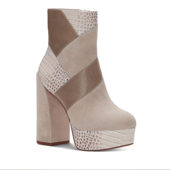 Vince Camuto Gilisama Beige Cream Suede Platform Heel Booties Patchwork Retro - Picture 1 of 10